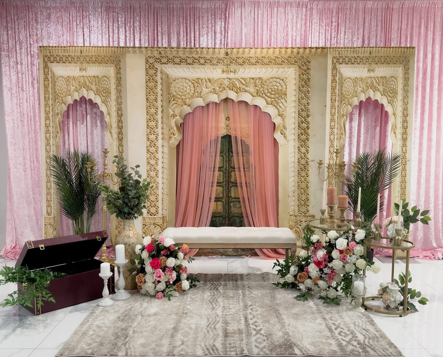 Carved mandap stage styling for an Indian wedding in New Zealand